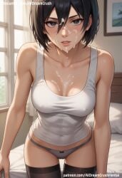 ai_generated aidreamcrush attack_on_titan cum cum_on_breasts cum_on_face cum_on_upper_body eyes gray_panties hair hips mikasa_ackerman panties stockings thighhighs thighs