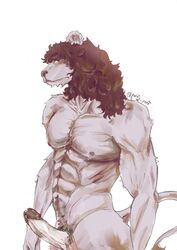 anthro ass big_penis digital_media_(artwork) erection felid fur genitals hair hi_res lion looking_at_viewer male mammal muscles muscular nipples nude pantherine penis precum pubes puffy simple_background solo white_background