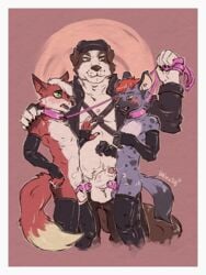 3:4 anthro balls blush border border_collie canid canine canis chastity_cage chastity_device collar collie cumming_on_chastity_cage domestic_dog fox genitals herding_dog hi_res hopeless_matt humanoid_genitalia humanoid_penis hyaenid leash leash_pull male male/male mammal merdreck pastoral_dog penis sheepdog white_border