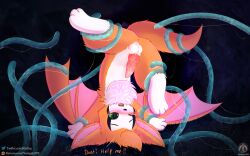 balls bat bat_wings blush dust:_an_elysian_tail feral fidget_(elysian_tail) genitals grass hi_res male mammal membrane_(anatomy) membranous_wings nimbat open_mouth penetration penis plant senz solo tail tentacle text upside-down wings