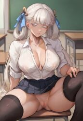 ai-assisted ai_generated black_thighhighs blurry_background cleavage colored_eyelashes covered_nipples grey_eyes jinhsi_(wuthering_waves) large_breasts lips looking_at_viewer mature_female no_bra no_panties pussy rexogon school_uniform spread_legs thick_thighs thighhighs unbuttoned white_hair white_shirt wuthering_waves