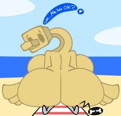 anthro ass ass_focus avian backboob beach beach_towel big_butt bird bone_breaking butt_crush crush dialogue faceless_character faceless_male female first_porn_of_character hi_res huge_ass huge_breasts huge_butt hyper hyper_butt macro male mario_(series) mario_bros nintendo nude sand sand_bird_(mario) sandy_(skeletonhearts) sea skeletonhearts solo speech_bubble super_mario_sunshine towel water worried