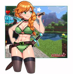 1girls abs alex_(minecraft) allay_(minecraft) axe belt bikini black_legwear braided_hair breasts casual cleavage clothing female green_bikini green_eyes human large_breasts legwear long_hair minecraft mob_vote muscular_female navel orange_hair pale_skin pickaxe red_hair redhead sarukaiwolf swimwear tagme thick_thighs tools weapon wide_hips