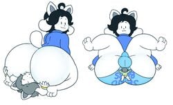 :3 absurd_res ahoge anthro ass balls_outline big_butt black_hair blush blush_stickers bob_(undertale) bulge butt_grab canid canine clothing detailed_bulge dot_eyes drawful-s duo facesitting feet felid feline female femboy genital_outline girly grey_hair hair hand_on_butt hi_res huge_butt looking_at_another looking_back macro male male/female male_on_top mammal micro micro_on_macro on_top penis_outline perineum shirt simple_background size_difference tem temmie_(undertale) text text_on_clothing topwear undertale undertale_(series) underwear video_games white_body