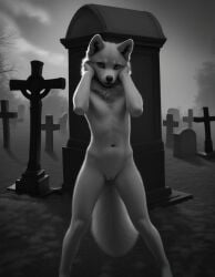 ai_generated canine cemetery female female_focus female_only gravestone graveyard husky monochrome pussy solo tagme