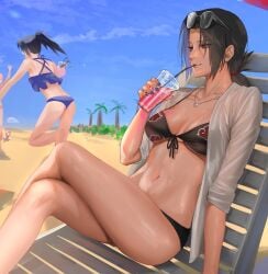 2girls ass back bikini black_bikini black_hair blue_bikini breasts brothers crossed_legs cup denggu_5 disposable_cup drinking drinking_straw eyewear_on_head feet_out_of_frame genderswap_(mtf) glasses highres holding holding_cup jewelry legs long_hair medium_breasts midriff multiple_girls naruto naruto_(series) navel necklace open_clothes open_shirt ponytail rule_63 sasuke_uchiha sasuko shirt siblings sisters stomach swimsuit uchiha_itachi uchiha_sasuke white_shirt