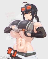 1female 1girls aestheticc-meme artist_name big_breasts black_hair breasts clothed clothed_female clothing female goggles grace_howard grease grease_stains light-skinned_female light_skin muscular_female shirt shirt_lift solo solo_female zenless_zone_zero
