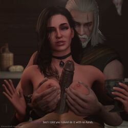 1girls 2boys 3d assisted_paizuri blender_(software) breasts_out cd_projekt_red choker cuckold dark-skinned_male geralt_of_rivia huge_cock humiliation missed_call paizuri pov pov_eye_contact smile text the_witcher_(series) the_witcher_3:_wild_hunt threesome yennefer