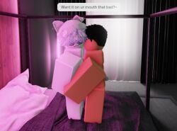 1boy 1femboy 3d 3d_(artwork) bed demithefemboy05 femboy roblox rubbing_thigh skyblue05 skyblue_hair skyblue_uki_femboy_(roblox)