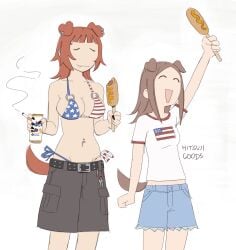 2girls 4th_of_july american_flag american_flag_bikini belly_button bikini bikini_top black_nails breasts cigarette cleavage closed_eyes corn_dog cute cute_fang dog_ears dog_girl dog_tail duo earrings eyebrow_piercing fang female female_only happy height_difference hitsujigoods holding_cigarette holidays medium_breasts mitsu_(hitsujigoods) navel navel_piercing open_mouth painted_nails piercing shorts skimpy skimpy_clothes smile vhs_doggy white_background