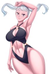 1girls arm_up armpits big_breasts black_clover breasts cleavage female_only large_breasts looking_at_viewer noelle_silva partially_nude purple_eyes rocky-ace silver_hair smile swimsuit thick_thighs thighs twintails white_background wide_hips