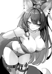 absurdres animal_ear_fluff animal_ears arms_behind_back bare_shoulders bell blue_archive blush bra bra_pull breasts breasts_out cleavage closed_mouth clothes_pull cowboy_shot female fox_ears fox_girl fox_tail greyscale hair_between_eyes hair_ornament highres jewelry large_breasts leaning_forward long_hair looking_at_viewer looking_to_the_side monochrome navel nipples panties seductive_eyes seductive_look seductive_smile seven_prisoners_(blue_archive) sidelocks simple_background skindentation smile solo standing tail thigh_strap thighhighs torn_clothes torn_thighhighs underwear underwear_only undressing very_long_hair wakamo_(blue_archive) wisespeak