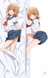 ass bare_belly bed_sheet blush bra_visible_through_clothes breasts brown_hair collarbone dakimakura dakimakura_design feet isshiki_iroha lying medium_breasts my_teen_romantic_comedy_snafu official_art open_mouth school_uniform see-through_shirt short_hair skirt skirt_lift smile socks thighs