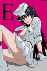 1girls arm_support ass ass bambietta_basterbine big_breasts biting_finger black_hair bleach bleach:_the_thousand-year_blood_war breasts cleavage darkuro_27 female_only gloves hat leg_up looking_at_viewer seductive seductive_look sitting skirt solo thighs undressing uniform