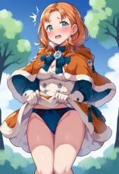 1girls ai_generated annette_fantine_dominic blue_panties blush boris_(noborhys)_(style) cameltoe civitai cyan_eyes embarrassed female fire_emblem fire_emblem:_three_houses forest large_breasts lifting_dress medium_hair nintendo orange_hair wavy_hair