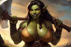 ai_generated anthro axe big_breasts black_hair black_lips black_lipstick claws cleavage clothed clothing fantasy female freckles gold_eyes green_skin impar_dolor_ai looking_at_viewer orc orc_female smile smiling solo solo_female sweat sweatdrop twintails weapon