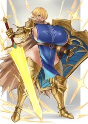 2024 2d 2d_(artwork) armor ass blonde_hair blue_eyes breasts female hair huge_breasts knight nastart original paladin shield simple_background solo sword tagme thick_thighs thunder_thighs volutpuous weapon white_background