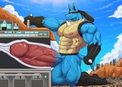 1boy 2025 anthro balls beak big_balls big_muscles big_penis biped blue_body bodily_fluids body_worship canid canine city destruction erection facility generation_4_pokemon genital_fluids genitals giant giant_male group hi_res huge_balls huge_cock humanoid_genitalia humanoid_penis hyper hyper_balls hyper_genitalia hyper_penis internal kneeling large_group lucario machine macro male male/ambiguous male_focus male_penetrating mammal milking_machine mountain muscles muscular muscular_anthro muscular_male nintendo nipples penetration penile penis penis_milking penis_milking_machine pokemon pokemon_(species) precum solo_focus spines tunnel wolfblack43