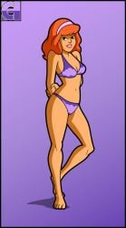 1girls arms_behind_back bikini black_eyes breasts c-hats daphne_blake edit female hairband long_hair looking_at_viewer medium_breasts midriff navel orange_hair pinup purple_bikini purple_swimsuit scooby-doo signature solo standing swimsuit text thighs third-party_edit