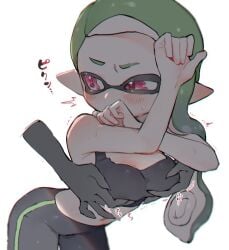 1other black_bra black_leggings black_sports_bra blush bra breasts covering_own_mouth doro_mizu_831 embarrassed female grabbing_another's_breast green_hair groping highres inkling inkling_girl inkling_player_character leggings navel nintendo pink_eyes pointy_ears splatoon splatoon_(series) sports_bra sweat tentacle tentacle_hair underwear