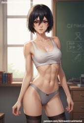 ai_generated aidreamcrush attack_on_titan cum cum_on_breasts cum_on_face cum_on_upper_body eyes gray_panties hair hips mikasa_ackerman panties stockings thighhighs thighs