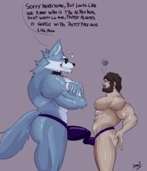 abs absurd_res anthro ass barazoku beard biceps blue_body blue_fur body_hair bulge bulge_size_difference canid canine canis chest_hair claws clothed clothing dialogue dislyte duo duo_focus erection erection_under_clothing eyebrows eyewear facial_hair freddy_(dislyte) fur genitals group hi_res human human_on_anthro interspecies lilith_games male male/male mammal muscular muscular_anthro muscular_male nipples partially_clothed pecs pinumontbalou pubes size_difference smile smiling_at_partner sunglasses tail underwear underwear_only wolf