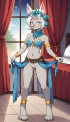 1girls 2024 ai_generated anthro bed bedroom blue_eyes cyan_eyes digitigrade female female_only gold_jewelry grey_body harem_outfit hi_res indoors innie_pussy jewelry looking_at_viewer mineru mist moon night nintendo pussy smile the_legend_of_zelda the_legend_of_zelda:_tears_of_the_kingdom zonai