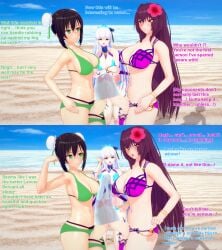 2futas 3d big_penis bikini black_hair bragging brown_hair condom cum cum_in_condom dirty_talk double_bun english_text fate/grand_order fate_(series) female futanari green_eyes kama_(fate/grand_order) koikatsu large_penis penis penises_touching premature_ejaculation qin_liangyu_(fate) red_eyes scathach_(fate) scathach_(swimsuit_assassin) shared_condom size_talk text uncensored white_hair xavierhuge