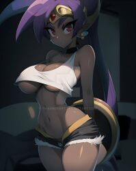 1girls ai_generated breasts choker circlet crop_top earrings jean_shorts large_breasts looking_at_viewer midriff navel ponytail purple_hair red_eyes shantae shantae_(character) short_shorts shorts tharrorart unbuttoned unbuttoned_shorts white_crop_top