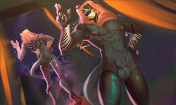 5:3 absurd_res anthro balls big_balls big_nipples boots clothing felid footwear genitals group halloween hi_res high_heels holidays jesus_y lion male mammal nipples pantherine public public_nudity rubber rubber_clothing rubber_suit solo stage strip_club