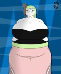 2024 background bbw belly big_breasts breasts chubby fanart_from_twitter fat female hair meloetta nintendo overweight pokemon pokemon_(species) pokemon_oc smile solandgamer75