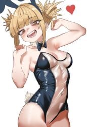 animal_ears armpits arms_up black_bow black_bowtie blonde_hair blunt_bangs boku_no_hero_academia bow bowtie breasts detached_collar double_bun english_commentary fake_animal_ears fake_tail female hair_bun heart highleg highleg_leotard himiko_toga leotard looking_at_viewer medium_breasts meme_attire messy_hair my_hero_academia nontraditional_playboy_bunny open_mouth playboy_bunny pussy rabbit_tail see-through see-through_leotard short_hair smile solo strapless strapless_leotard tail teeth toga_himiko traditional_bowtie translucent_bunnysuit uncensored white_background yellow_eyes zd_(pixiv6210083)