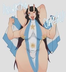 1futa 4_arms areolae argentine_flag arms_behind_head big_breasts black_hair body_paint breasts bulge clothed clothing flaccid forked_tongue futa_only futanari grey_background gyarusatan hi_res horns humanoid light-skinned_futanari light_skin long_hair looking_at_viewer mostly_nude narrowed_eyes nipples open_mouth penis_peek pointy_ears red_eyes slightly_chubby smiling smiling_at_viewer solo spanish_text susu_(gyarusatan) text thick_thighs thong thong_only tongue_out topless very_long_hair