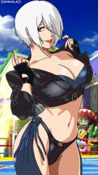 1girls angel_(kof) assless_chaps big_breasts blue_eyes breasts cleavage darkuro_27 female fingerless_gloves king_of_fighters looking_at_viewer mexican navel revealing_clothes short_hair snk solo tongue_out white_hair