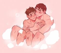 2boys bubble_bath cuddle cute dispatch_(game) egosketchy gay hug hug_from_behind hugging male male_only naked robert_robertson romantic shared_bathing shower waterboy_(dispatch) wholesome wholesome_couple wholesome_hug wholesome_nudity yaoi