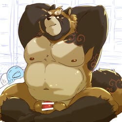 1:1 2021 anthro balls belly brown_body canid canine censor_bar censored duo genitals gyobu hi_res ineffective_censorship kemono lifewonders male mammal moobs nipples overweight overweight_male penis raccoon_dog scar sitting solo_focus tanuki tokyo_afterschool_summoners video_games yukikazefactory