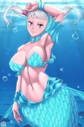 1girls arm_up armpits big_breasts black_clover breasts cleavage female_only large_breasts looking_at_viewer mermaid noelle_(mermaid_form) noelle_silva partially_nude purple_eyes rocky-ace silver_hair smile tiara twintails wide_hips