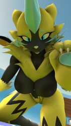 1girls 3d all_fours black_skin blep blue_eyes crawling female female_only from_below from_below_view hanging_breasts large_breasts looking_at_viewer meddlade nipples nude paw_pose paws pokemon pokemon_(species) sfm solo tongue tongue_out warfaremachine yellow_fur zeraora