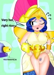 athena_piper_(brawl_stars) big_ass big_breasts big_butt blush brawl_stars english_text gold greek_mythology green_background hair_blue meikend piper_(brawl_stars) pussy pussy_hair rico_(brawl_stars) supercell surprised_look sweatdrop very_hot video_games