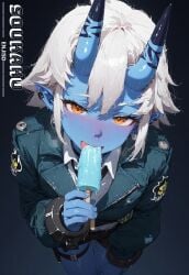 ai ai_generated anthro blue_skin female from_above horn horns jacket licking_popsicle orange_eyes popsicle short_hair shorts small_breasts soukaku tie white_hair zenless_zone_zero