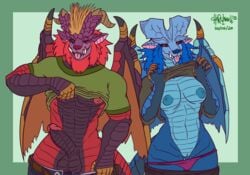 2020 anthro black_body black_scales black_sclera blep blonde_hair blue_body blue_eyes blue_mane blue_nipples blue_scales capcom chorsinnell39 clothed clothing digital_media_(artwork) duo elder_dragon fangs female flashing flashing_breasts genitals green_background hair hi_res horn humanoid_genitalia humanoid_penis lunastra male mane membrane_(anatomy) membranous_wings monster_hunter monster_hunter_2 nipples panties panties_down pants_down partially_clothed penis pussy red_body red_eyes red_mane red_scales scales simple_background teostra tongue tongue_out underwear underwear_down video_games wings