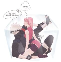 1boy 1girls accidental_circumstance arched_back female hatake_kakashi in_box inside_box korean_text male male/female naruto naruto_(series) naruto_shippuden on_lap pink_hair sakura_haruno sitting_on_lap speech_bubble straight stuck_in_box stuck_together teacher_and_student younger_female