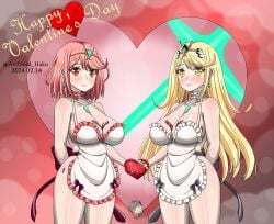 2girls apron_only archlord_haku big_breasts blonde_hair chocolate_between_breasts chocolate_on_breasts core_crystal heroine heroines milf mythra nintendo pyra red_eyes red_hair xenoblade_(series) xenoblade_chronicles_2 yellow_eyes