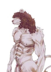 anthro ass felid fur genitals hair hi_res lion looking_at_viewer male mammal muscular nipples nude pantherine penis puffy simple_background solo