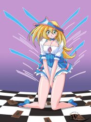 1girls apron blonde_hair bow_choker breasts cards choker dark_magician_girl dual_monsters duel_monster female green_eyes hat kneeling large_breasts long_hair looking_at_viewer maid maid_apron maid_headdress maid_uniform shoes wslasher yu-gi-oh! yu-gi-oh_card