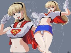 1girls :d absurd_res blonde_hair blue_eyes boots breasts capelet choker covered_nipples crop_top cross_impact dc_comics dcau earrings erect_nipples female female_only fully_clothed gloves hairband hi_res long_hair looking_at_viewer medium_breasts midriff miniskirt multiple_views navel open_mouth panties pantyshot revealing_clothes signature sketch_background skirt smile solo supergirl supergirl_(dcau) superhero superhero_costume superheroine thigh_gap upskirt v white_panties