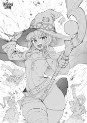 1boy 3girls absurd_res aqua_(konosuba) artist_signature bottom_heavy darkness_(konosuba) explosion female female_focus kono_subarashii_sekai_ni_shukufuku_wo! looking_at_viewer magic_staff male megumin monochrome satou_kazuma small_breasts smiling smiling_at_viewer thegoldensmurf thick_thighs white_background wide_hips witch_hat