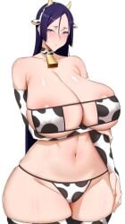 1girls areola_slip areolae arind_yudha armwear big_breasts bikini bikini_bottom bikini_top blush bottomwear breasts cleavage cow_ears cow_horns cow_print cow_print_armwear cow_print_bikini cow_print_legwear cow_print_thighhighs cowbell elbow_gloves eyepatch_bikini fake_animal_ears fake_ears fake_horns fate/grand_order fate_(series) hair horns huge_breasts large_breasts legwear long_hair mature mature_female mature_woman milf minamoto_no_raikou_(fate/grand_order) neckwear purple_eyes purple_hair swimwear thick_thighs thighhighs thighs topwear