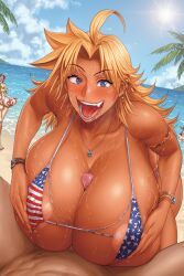 1girls ai_generated american_flag_bikini beach bikini blonde_hair blue_eyes dark-skinned_female energy_kyouka!! female gyaru huge_breasts human paizuri palm_tree penis shiraishi_kyouka sun titjob water