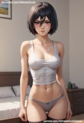 ai_generated aidreamcrush attack_on_titan cum cum_on_breasts cum_on_face cum_on_upper_body eyes gray_panties hair hips mikasa_ackerman panties stockings thighhighs thighs